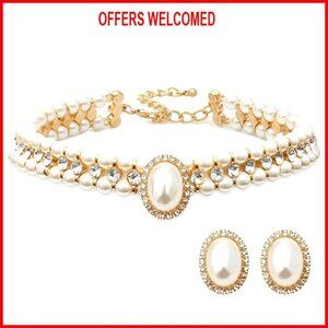 Chunky Glass Pearl Choker Set with Earrings, 13" Adjustable, Lobster Clasp